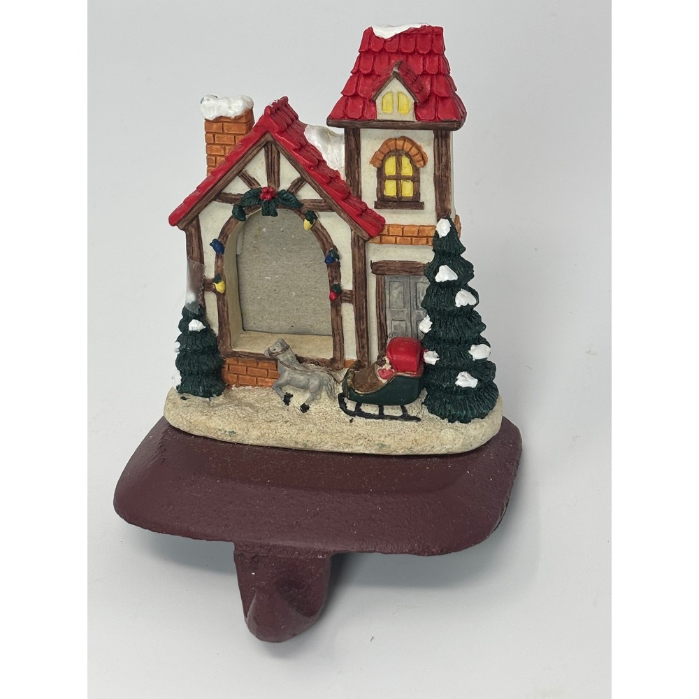 Vintage Christmas Cottage Stocking Hanger Cast Iron Base Photo Frame Handpainted